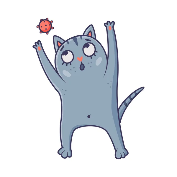 Divertente gatto blu con coda a strisce che gioca con l'illustrazione vettoriale della palla di gomma — Vettoriale Stock