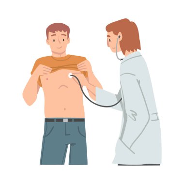 Stethoscope Vektör İllüstrasyonlu Beyaz Ceketli Kadın Muayene Hastası