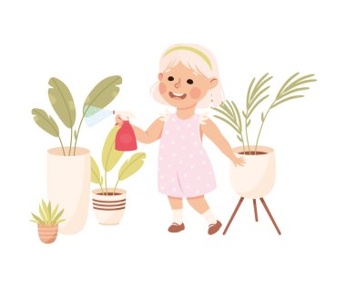 Çocukluğundaki Küçük Sarışın Kız Çiçek Saksısı 'ndaki Çiçek Evi' nde Su Vektörü İllüzyonuyla