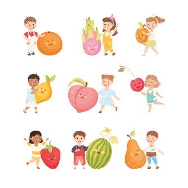 Mutlu Çocuklar Büyük Meyvelerle Neşeli Gülen Vektör Seti ile Etkileşiyor