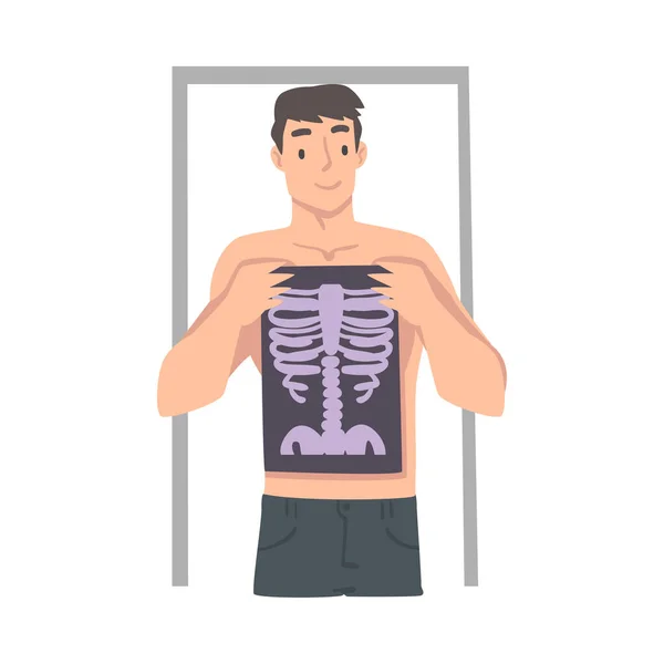 Homme ayant un examen médical et un dépistage de santé tenant la poitrine Illustration vectorielle par rayons X — Image vectorielle