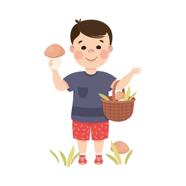 Mały chłopiec w dzieciństwie zbieranie grzybów w Wicker Basket wektor ilustracji — Wektor stockowy