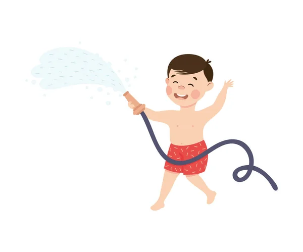 Niño en su infancia jugando con manguera de agua Vector ilustración — Vector de stock