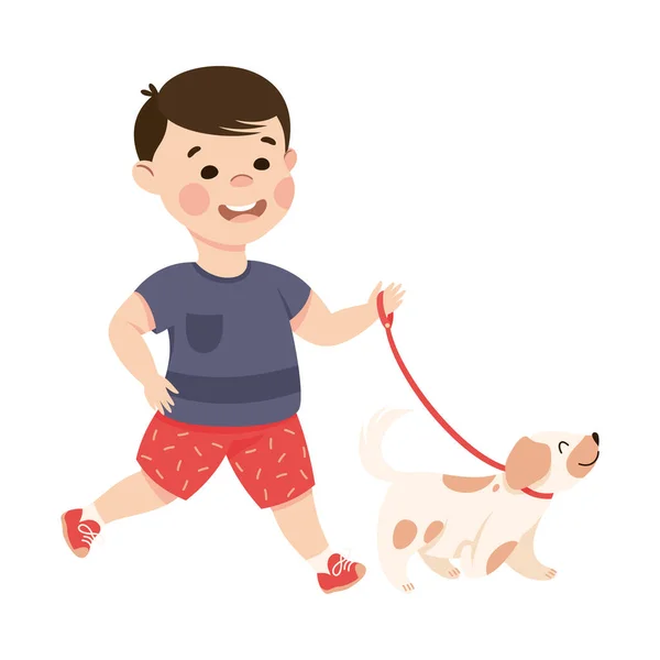 Malý chlapec v dětství venčí psa u vodítka vektorové ilustrace — Stockový vektor