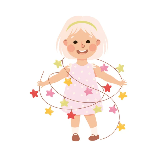 Little Blond Girl in Her Childhood Wrapped in Star Garland Laughing Vector Illustration — Stock Vector