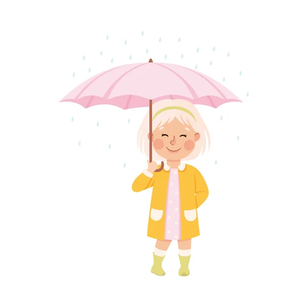 Little Blond Girl w dzieciństwie Walking Under Parasol in Rainy Day Wektor Ilustracja — Wektor stockowy