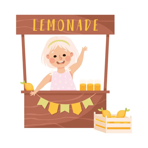 Mała Blondynka w dzieciństwie w Counter Sprzedając Wektor Lemonade Ilustracja — Wektor stockowy