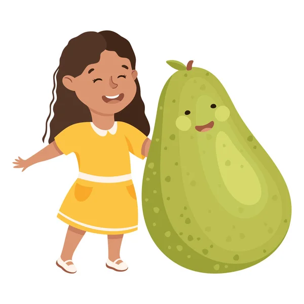 Happy Girl with Big Pear Fruit with Cheerful Smiley Vector Illustration — Stock Vector