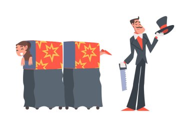 Sirk Sanatçısı Karakteri rolünde Erkek İllüzyonisti Sahnede veya Arena Vector Illustration 'da Kadın Testeresi