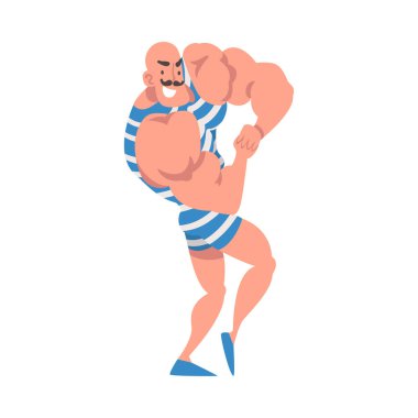 Dar Kostümlü Bıyıklı Güçlü Adam Sahne veya Arena Vektör İllüstrasyonunda Sirk Sanatçısı Karakteri