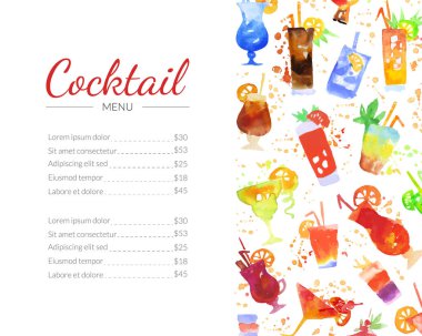 Yaz İçeceği Vektör Şablonu Olarak Suluboya Kokteyl Restoran Menüsü
