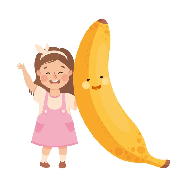 Menina feliz com Big Banana Fruit com alegre Smiley Vector Ilustração — Vetor de Stock