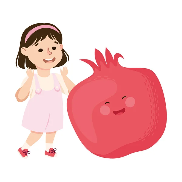 Menina feliz com grande fruta romã com alegre Smiley Vector Ilustração — Vetor de Stock