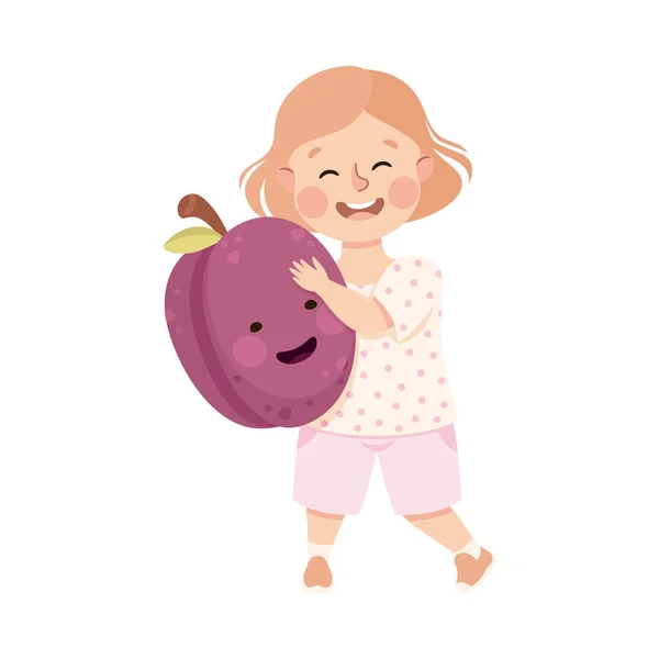 Fille heureuse avec de gros fruits de prune avec l'illustration vectorielle souriante joyeuse — Image vectorielle