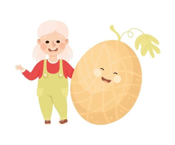 Glückliches Mädchen mit großer Melonenfrucht mit fröhlicher Smiley-Vektorillustration — Stockvektor