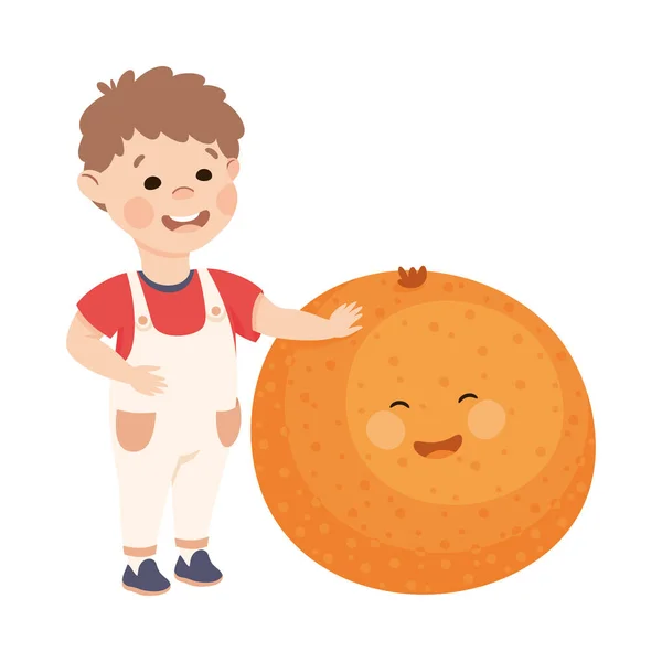 Happy Boy met Big Orange Fruit met Vrolijke Smiley Vector Illustratie — Stockvector