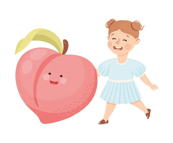 Happy Girl met Big Peach Fruit met Vrolijke Smiley Vector Illustratie — Stockvector