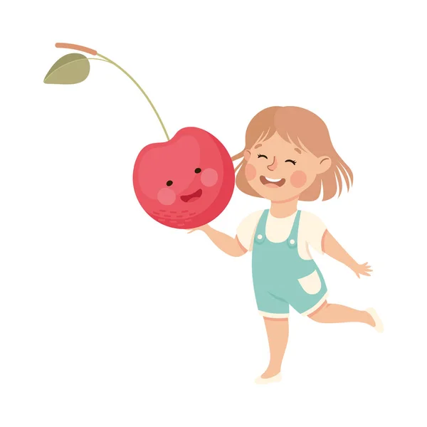 Chica feliz con gran fruta de cereza con alegre Smiley Vector Ilustración — Archivo Imágenes Vectoriales