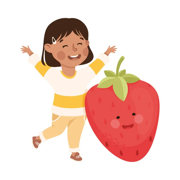 Happy Girl with Big Strawberry with Cheerful Smiley Vector Illustration — стоковий вектор