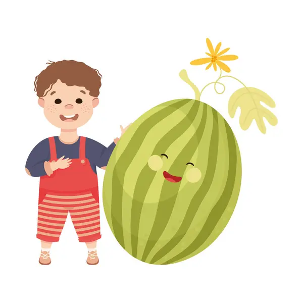 Niño feliz con gran sandía fruta con alegre sonriente vector ilustración — Archivo Imágenes Vectoriales
