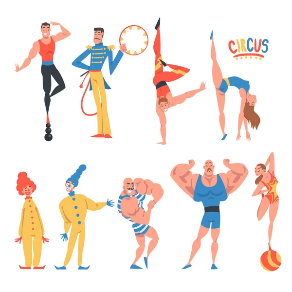 Personagem de artista de circo com palhaço, Strongman e Acrobat equilibrando em bola realizando no palco ou Arena Vector Set —  Vetores de Stock