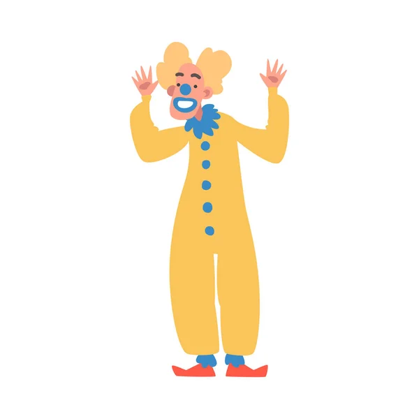 Palhaço homem com rosto de maquiagem e traje Flamboyant como personagem artista de circo realizando no palco ou Arena Vector Ilustração — Vetor de Stock