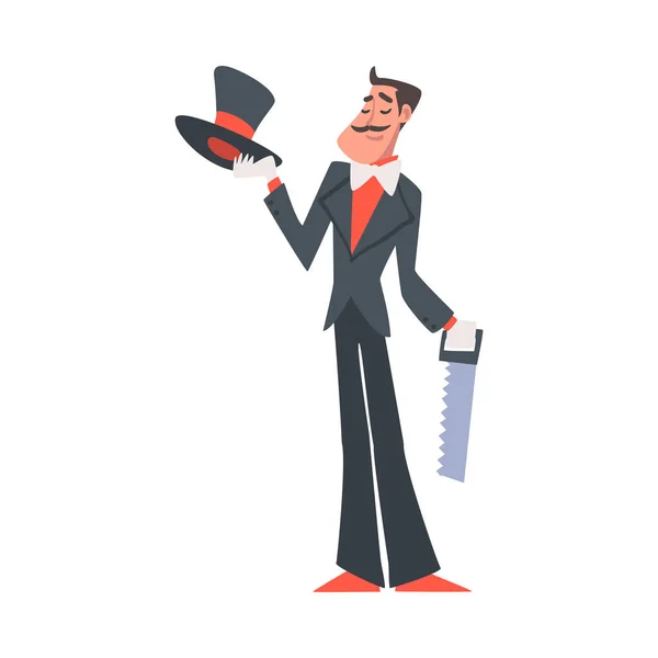 Man Illusionist as Circus Artist Character with Saw Performing on Stage or Arena Vector Illustration — Stock Vector