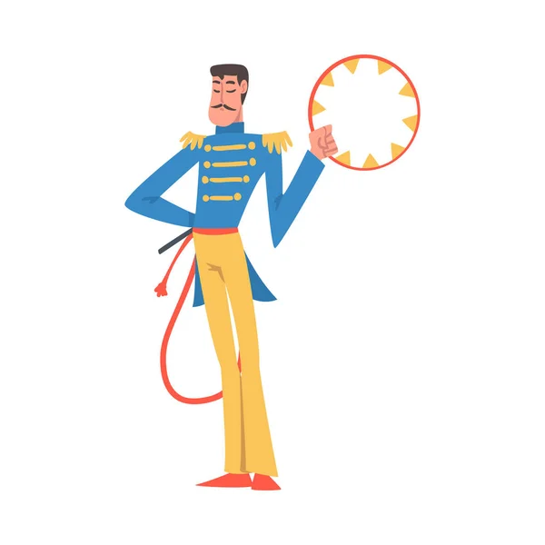 Homem Animal Tamer ou manipulador com chicote e círculo como artista de circo personagem realizando no palco ou Arena Vector Ilustração —  Vetores de Stock