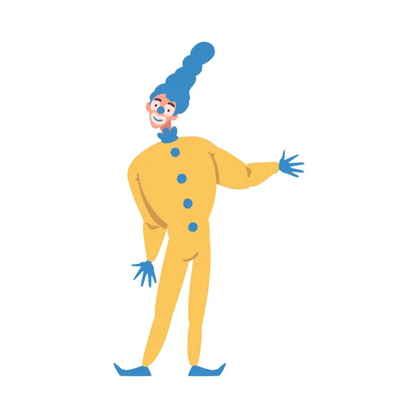 Palhaço homem com rosto de maquiagem e traje Flamboyant como personagem artista de circo realizando no palco ou Arena Vector Ilustração — Vetor de Stock