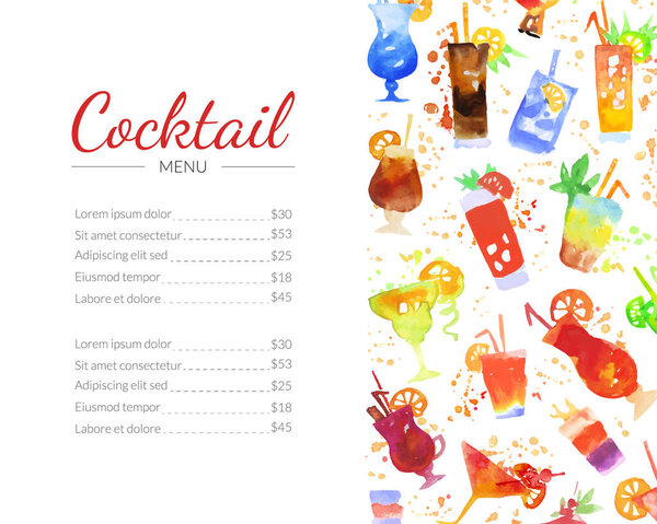 Меню ресторана "Акварель" со стеклом и соломой в качестве векторного шаблона для летних освежающих напитков