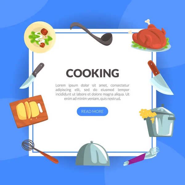 Cocina y preparación de alimentos con plato servido en bandeja y utensilios de cocina Plantilla vectorial — Vector de stock