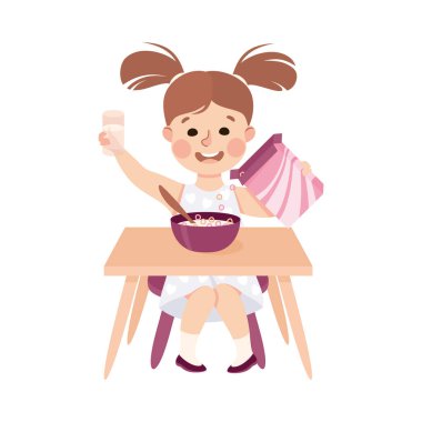 Mutfak Masasında Kahvaltı İçin Lapa Yiyen Küçük Kız Günlük Etkinlik ve Günlük Rutin Vektör Resimlerine Bağlandı