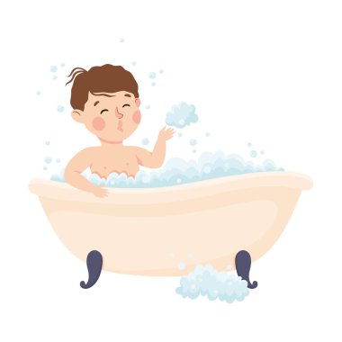 Küvette Banyo Yapan Küçük Çocuk Günlük Etkinlik ve Günlük Rutin Vektör İllüzyonuna Bağlandı