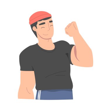 Gülümseyen Adam Karakteri Sıkıca Yumruk Göstererek El Hareketi Vektörü İllüstrasyonu