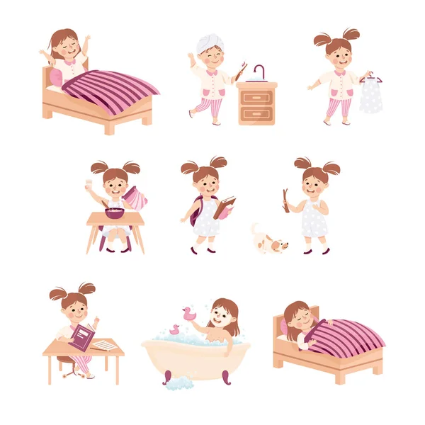 Little Girl Engaged in Daily Activity and Everyday Routine Vector Set — Stock Vector