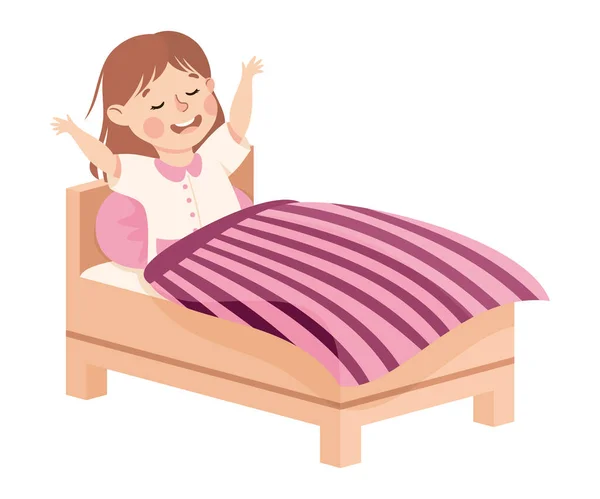 Kleines Mädchen, das morgens aufsteht oder aufwacht, beschäftigt sich mit täglicher Aktivität und alltäglicher Routine Vektor Illustration — Stockvektor