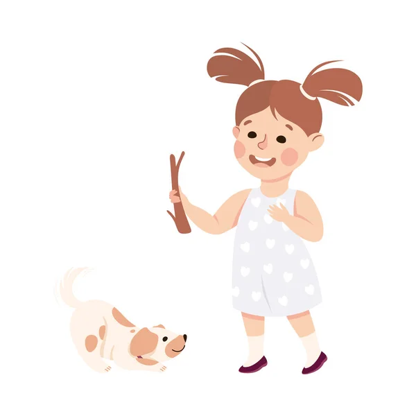 Liten flicka som går ut med hunden och leker med käppen, engagerad i daglig aktivitet och vardaglig rutinmässig vektorillustration — Stock vektor