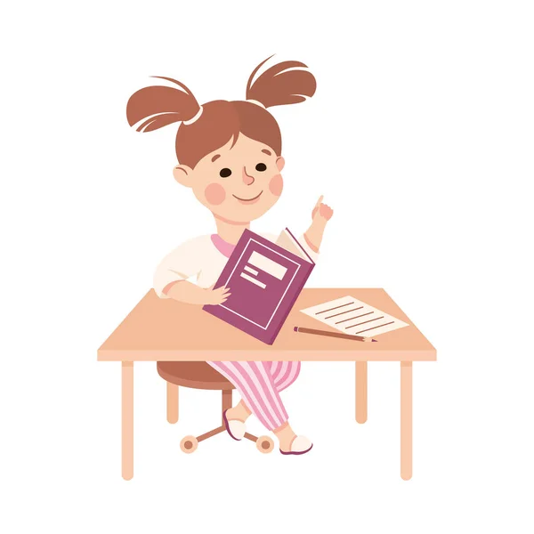 Niña en la mesa haciendo tarea comprometida en la actividad diaria y la rutina diaria Vector ilustración — Vector de stock