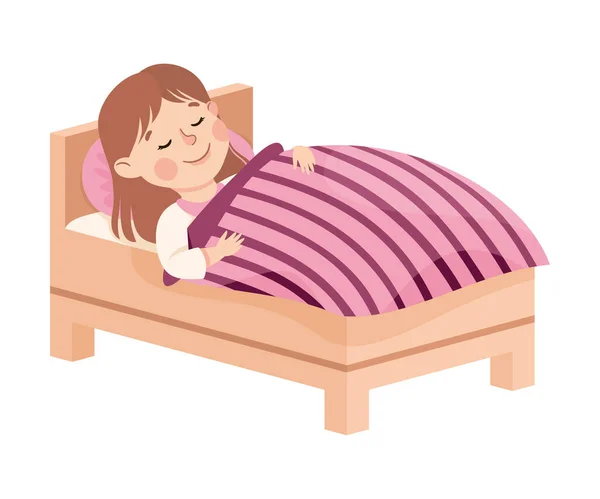 Niña durmiendo en su dormitorio cubierta con manta comprometida en la actividad diaria y la rutina diaria Vector Ilustración — Vector de stock