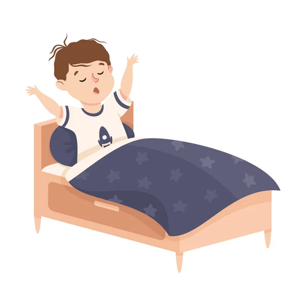 Niño pequeño levantándose o despertándose por la mañana participando en la actividad diaria y la rutina diaria Vector Ilustración — Vector de stock