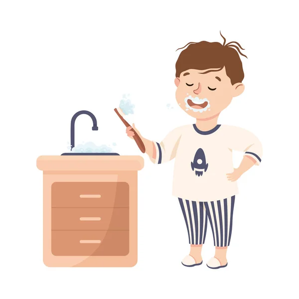 Pequeño niño cepillando dientes en el baño comprometido en la actividad diaria y la rutina diaria Vector Ilustración — Vector de stock