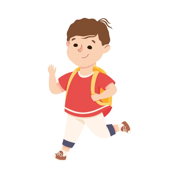 Mały chłopiec z torbą szkolną uruchomiony w codziennej aktywności i codziennej rutynowej ilustracji wektor — Wektor stockowy