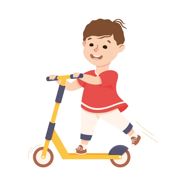 Little Boy Walking Riding Kick Scooter Wzdłuż ulicy zaangażowany w codziennej działalności i codziennej rutynowej ilustracji wektor — Wektor stockowy