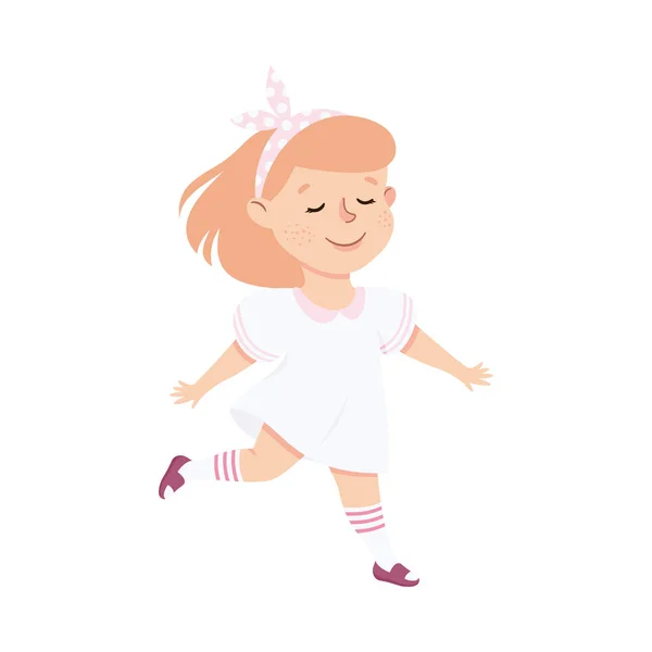 Energetisch meisje met haarband dansen verplaatsen naar muziek ritme vector illustratie — Stockvector