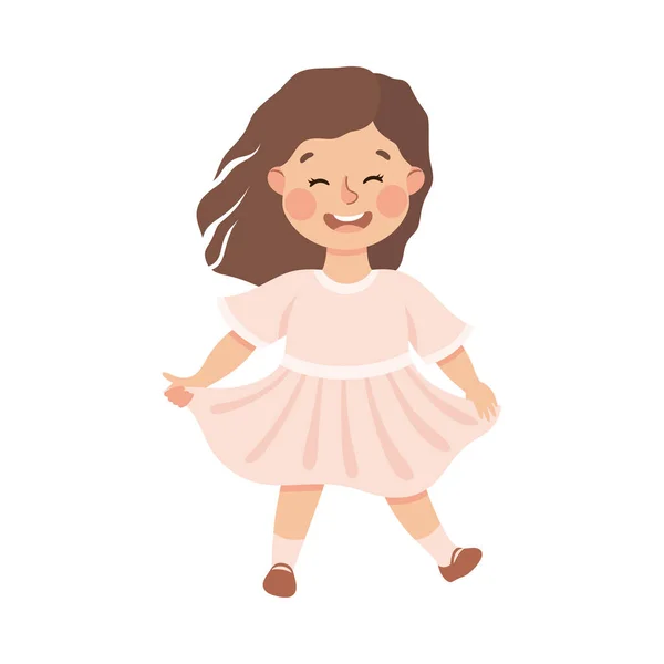 Chica energética en vestido rosa bailando moviéndose a la música Rythm Vector Ilustración — Vector de stock