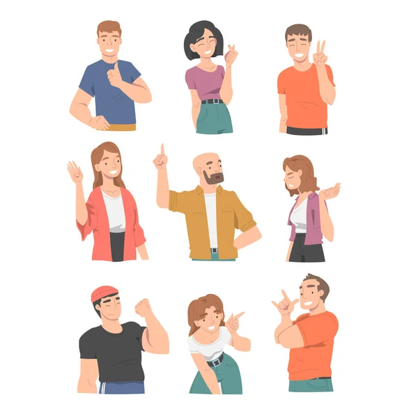 Leende Människor Karaktär Visar Olika Hand Gesture vektor Illustration Set — Stock vektor