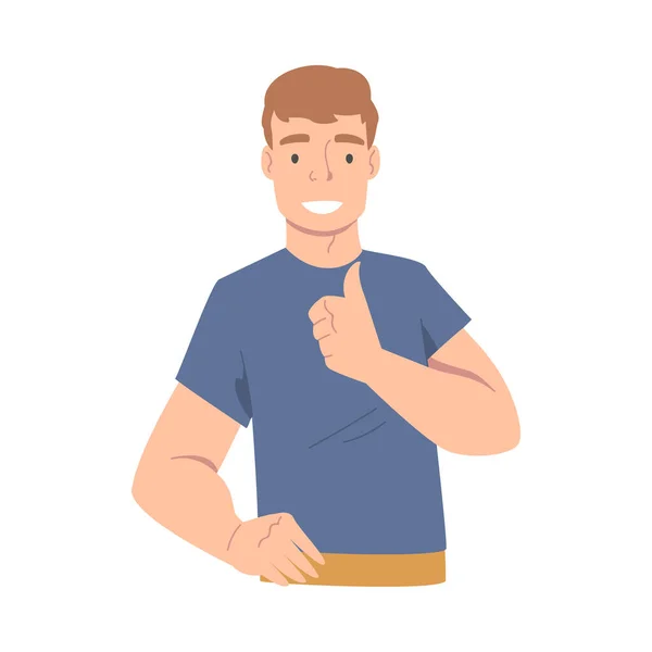 Personaje sonriente del hombre que muestra el pulgar hacia arriba como ilustración vectorial del gesto de la mano de la aprobación — Vector de stock