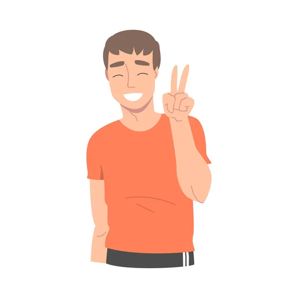 Hombre sonriente personaje mostrando V signo como victoria mano gesto vectorial ilustración — Vector de stock