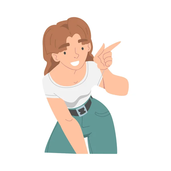 Χαμογελαστή γυναίκα Χαρακτήρας δείχνοντας με δείκτη Δάχτυλο ως χέρι Gesture Εικονογράφηση διάνυσμα — Διανυσματικό Αρχείο
