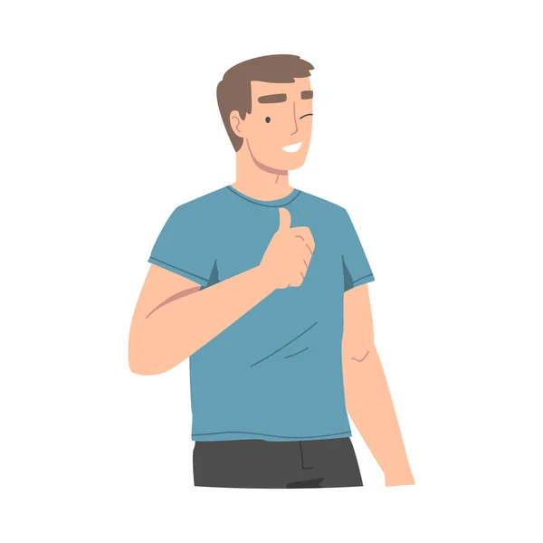 Personaje sonriente del hombre que muestra el pulgar hacia arriba como gesto de mano de aprobación e ilustración vectorial de guiño — Vector de stock